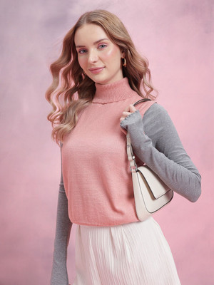 Dressberry Solid Turtle Neck Casual Women Pink Sweater