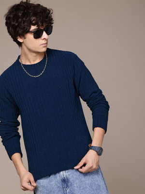 Roadster Striped Round Neck Casual Men Green Sweater