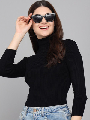 Oishee Woven Turtle Neck Casual Women Black Sweater