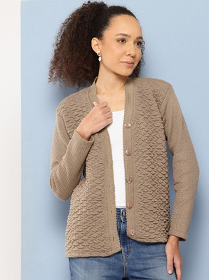 METRONAUT Self Design V Neck Casual Women Beige Sweater