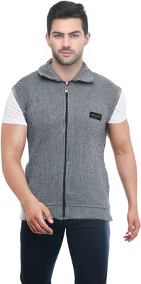 manra Solid Collared Neck Casual Men Grey Sweater