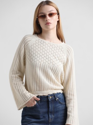 ONLY Self Design Round Neck Casual Women Beige Sweater