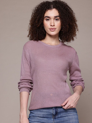 Roadster Solid Round Neck Casual Women Brown Sweater