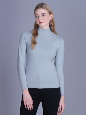 OBAAN Self Design High Neck Casual Women Light Blue Sweater