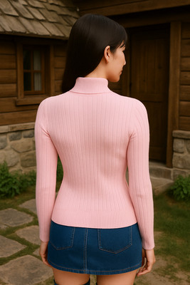 SKG Herringbone Collared Neck Casual Women Pink Sweater