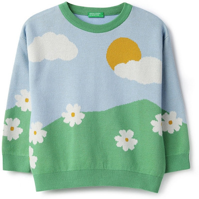 United Colors of Benetton Graphic Print Round Neck Casual Baby Boys Blue Sweater