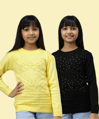 ANIXA Self Design Round Neck Casual Girls Multicolor Sweater