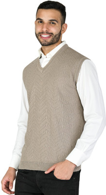 MONT CONNETT Solid, Embroidered V Neck Casual Men Brown Sweater