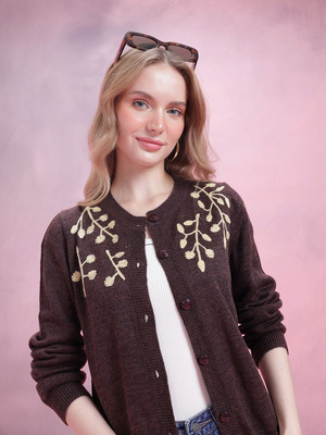 Dressberry Embroidered Round Neck Casual Women Brown Sweater