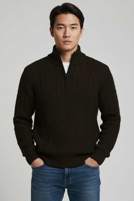 FASHLOOK Solid V Neck Casual Men Brown Sweater