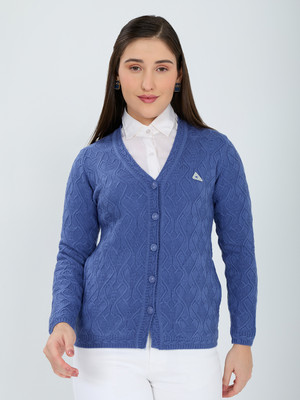 MONTE CARLO Self Design V Neck Casual Women Blue Sweater