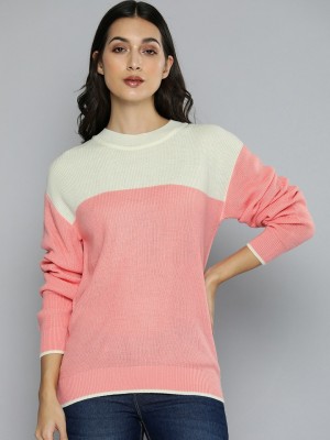 HARVARD Colorblock Round Neck Casual Women Pink, Beige Sweater