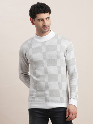 TURTLE Checkered Crew Neck Casual Men Grey Sweater