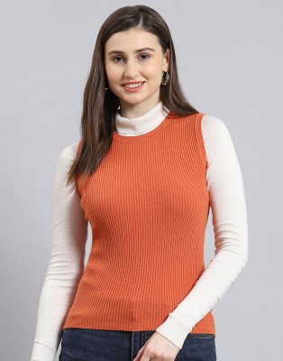 MONTE CARLO Solid Round Neck Casual Women Orange Sweater
