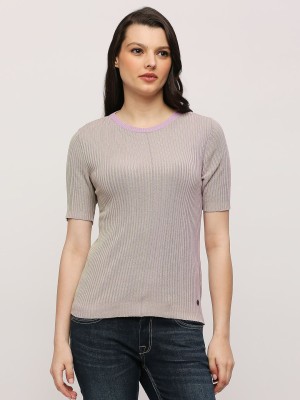 Pepe Jeans Self Design Round Neck Casual Women Purple Sweater