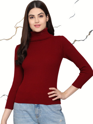 TANDUL Solid High Neck Casual Women Reversible Maroon Sweater