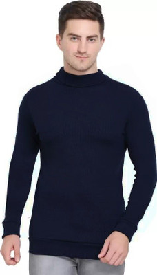 FREAKS Solid High Neck Casual Men Blue Sweater