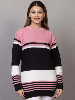 Hey Dude Striped Round Neck Casual Women Pink Sweater
