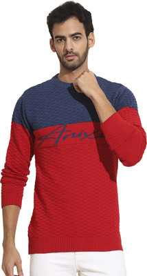 Fit N Fame Printed Round Neck Casual Men Blue Sweater