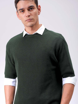 The Indian Garage Co. Self Design Crew Neck Casual Men Green Sweater