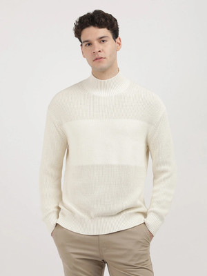 Calvin Klein Jeans Self Design High Neck Casual Men Beige Sweater