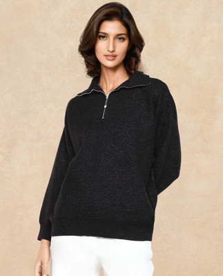 RAREISM Solid High Neck Casual Women Black Sweater