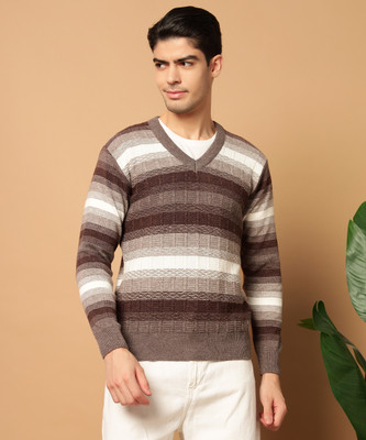 TWOCRAZIIE Colorblock V Neck Casual Men Brown Sweater