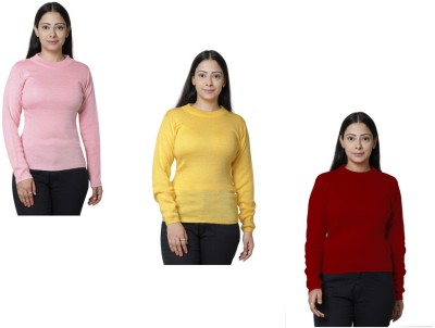 Indistar Solid Round Neck Casual Women Pink, Yellow, Maroon Sweater