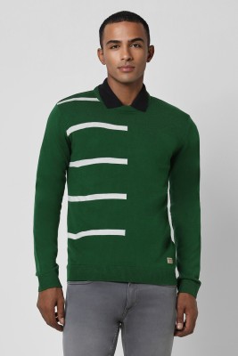 PETER ENGLAND Striped Round Neck Casual Men Green Sweater