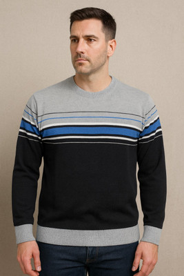 knotrixx Self Design Round Neck Casual Men Grey Sweater