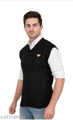 abhi Self Design V Neck Casual Men Black Sweater