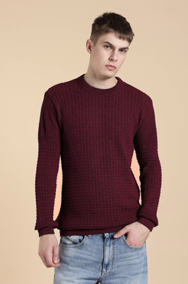 Cat Bunny Self Design Round Neck Casual Men Maroon Sweater