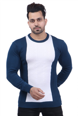 FEVERFEW Colorblock Round Neck Casual Men Dark Blue Sweater