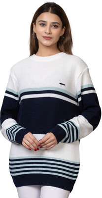 WAY TO TRENDY Striped Round Neck Casual Women Dark Blue Sweater
