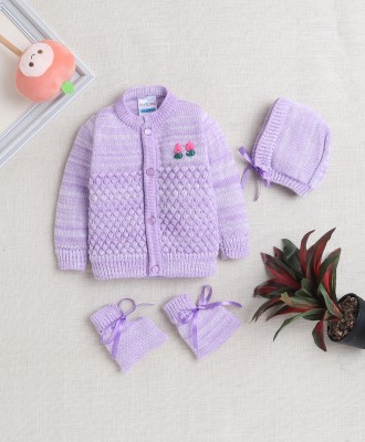 BUMZEE Self Design Round Neck Casual Baby Girls Purple Sweater