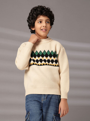 Albion Solid Round Neck Casual Boys White Sweater