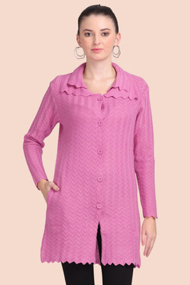 KIPEKEE Chevron/Zig Zag Collared Neck Casual Women Pink Sweater