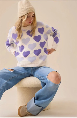 Eddicted Printed Round Neck Casual Women Purple Sweater