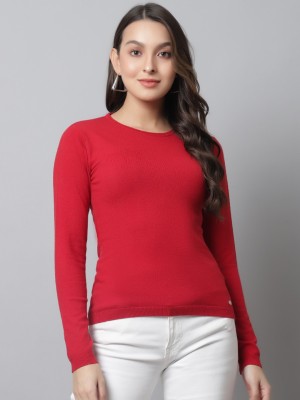 Crozo By Cantabil Solid Round Neck Casual Women Red Sweater