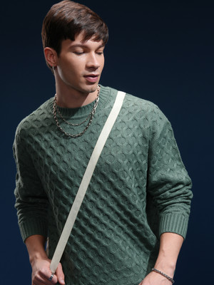 HIGHLANDER Self Design Round Neck Casual Men Green Sweater
