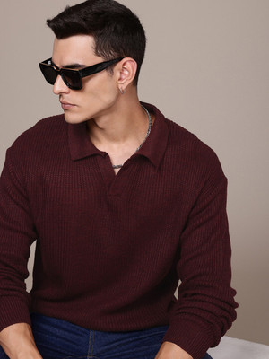 Roadster Self Design Crew Neck Casual Men Red Sweater