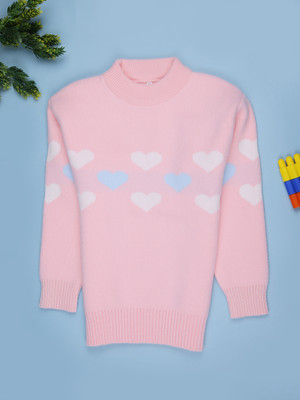 V-MART Printed Round Neck Casual Girls Pink Sweater