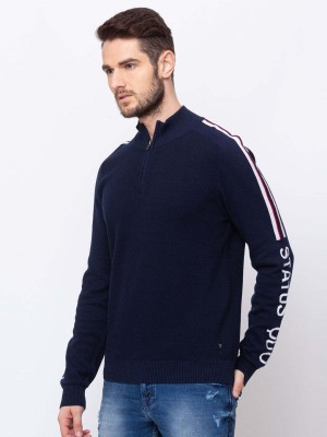 Status Quo Solid High Neck Casual Men Blue Sweater