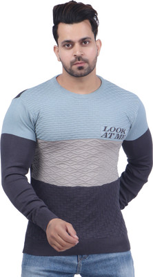 FEVERFEW Colorblock Round Neck Casual Men Grey Sweater