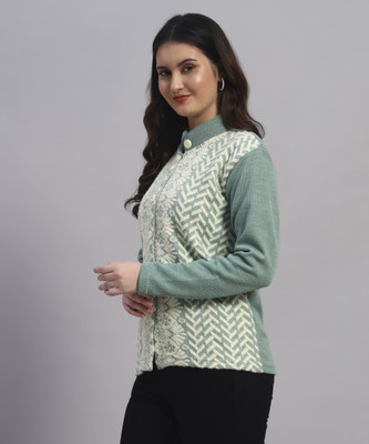 MOD YOUNG Printed Round Neck Casual Women Light Green, White Sweater