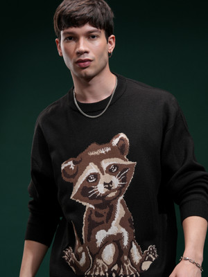 HIGHLANDER Printed Round Neck Casual Men Black Sweater