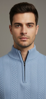 klein blue Self Design Mandarin Neck Casual Men Light Blue Sweater