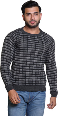 Grand Line Checkered Round Neck Casual Men Black, Grey Sweater