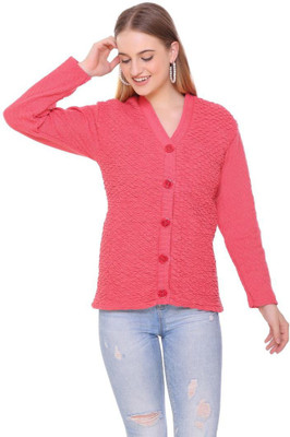OAK TEES Solid V Neck Casual Women Pink Sweater