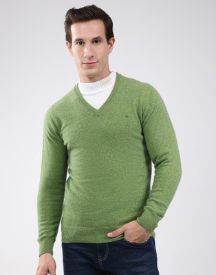 MONTE CARLO Self Design V Neck Casual Men Green Sweater